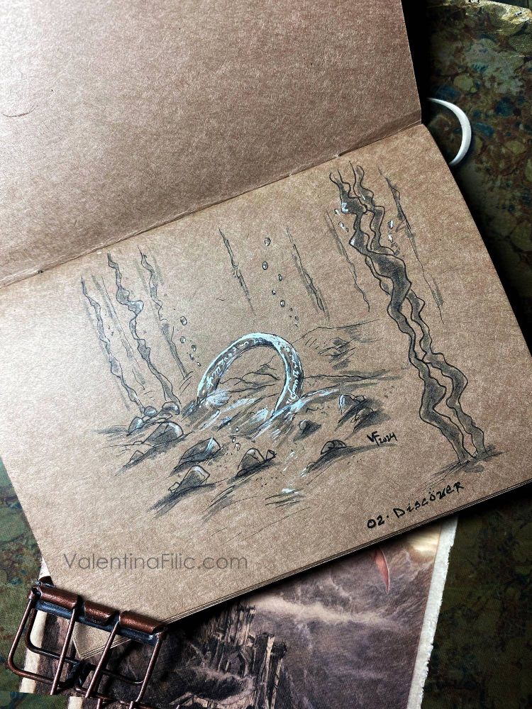Pen and ink drawing on toned-tan paper of The One Ring that is underwater. 