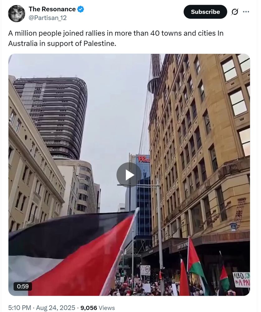 The Resonance @Partisan_12 [still of video showing Palestinian flags in city street] A million people joined rallies in more than 40 towns and cities In Australia in support of Palestine. 5:10 PM · Aug 24, 2025 · 9,056 Views