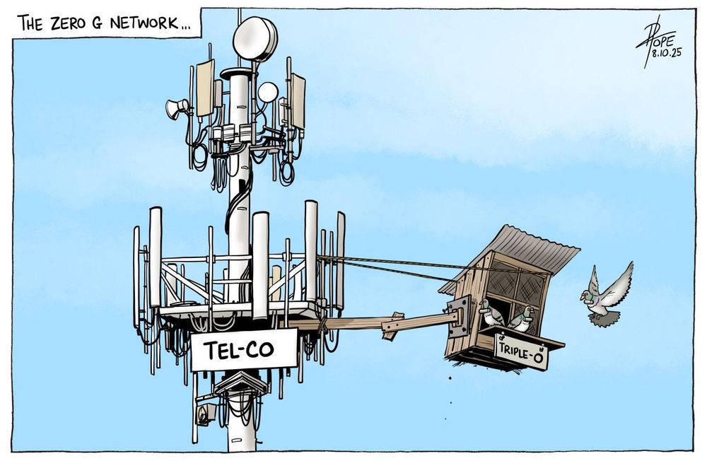 "The Zero G Network"
A mobile 'phone tower, with a sign saying "TEL-CO"
Off to the right, a rickety makeshift pigeon coop with a sign saying "TRIPLE-0".
Two pigeons occupy the coop, while a third comes in to land.
