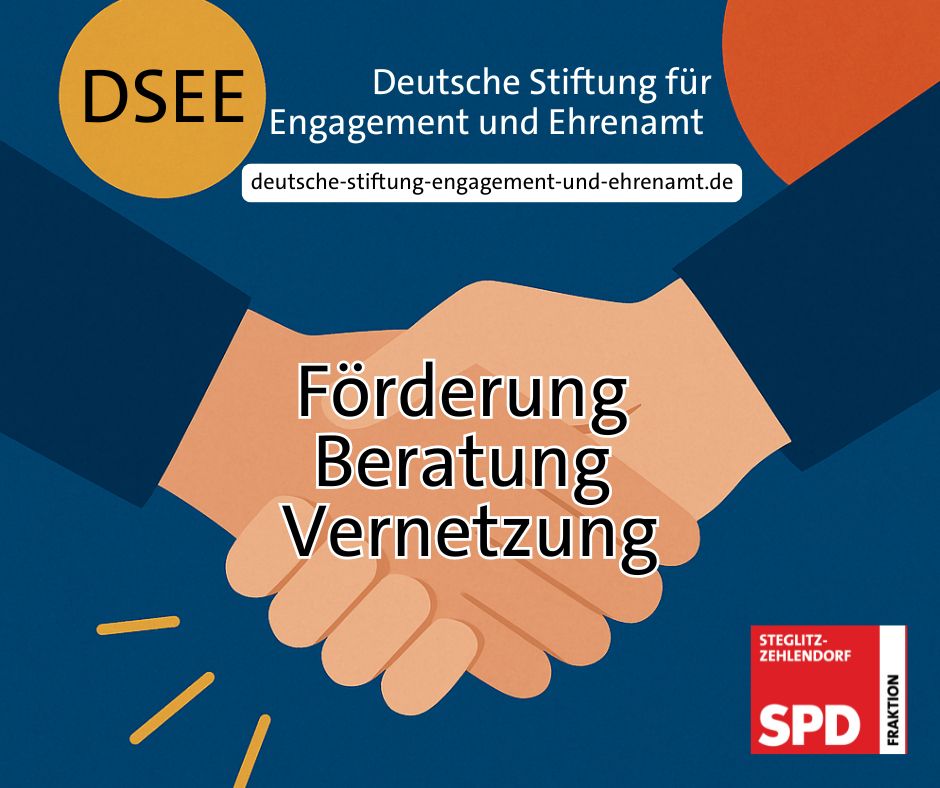 Die DSEE ist die zentrale Anlaufstelle des Bundes, wenn es um Beratung, Förderung und Stärkung des Ehrenamts geht.
 
🚀 Was die DSEE leistet:
🔹 Mikroförderung – schnelle & unbürokratische Hilfe für kleine Projekte
🔹 ZukunftsMUT – für kreative Ideen, die das Miteinander nach Corona stärken
🔹 FuturE – für junges Engagement und neue Impulse
🔹 Digitalisierung im Ehrenamt – Technik & Wissen für moderne Vereinsarbeit
🔹 Workshops, Webinare & Beratung – von Fördermittel-Check bis Datenschutz
 
Egal, ob es um Räume, Fördermittel oder Digitalisierung geht – die DSEE ist die richtige Ansprechpartnerin.