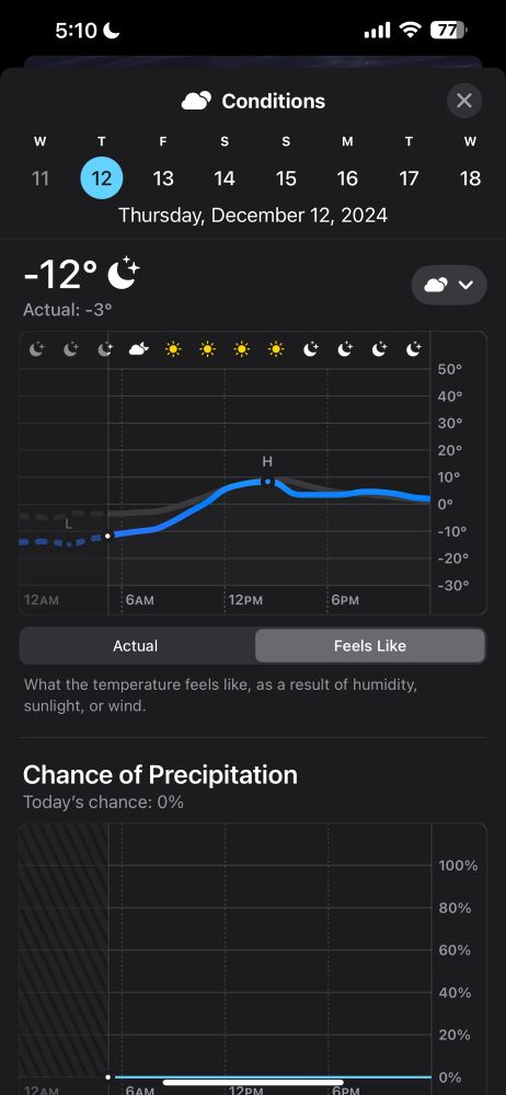 Screenshot showing the temp feels like -12.