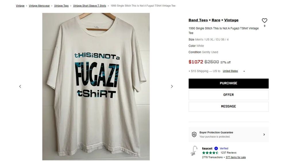 Online sale listing for an original bootleg "This Is Not a Fugazi Shirt" T-shirt. It's a very worn and thin white shirt with an uncomplicated print logo on a hanger with the sale info on the side.