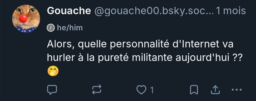 Tweet de moi @gouache d'il y a un mois : "alors, quelle personnalité d'internet va hurler à la pureté militante aujourd'hui ??"