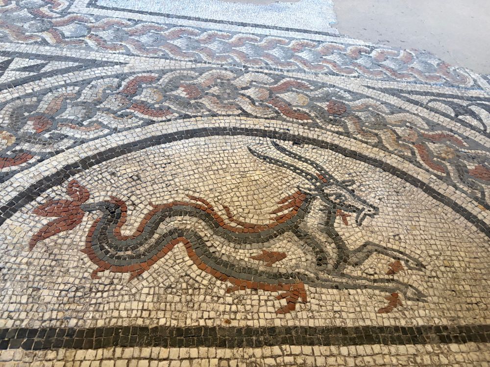 A mosaic showing a half fish half goat creature. There is a black semicircle around it and a red yellow and white woven pattern above in the tiles.