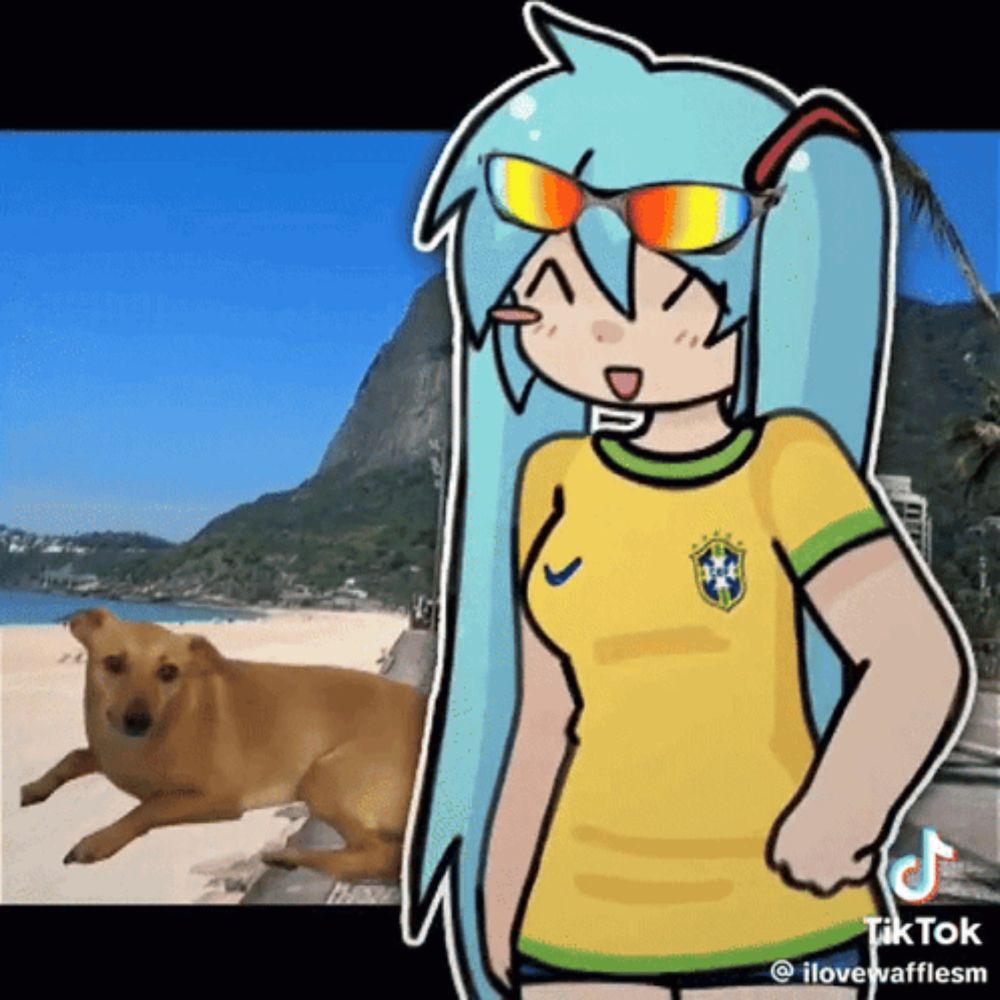 a cartoon of a girl wearing sunglasses standing next to a brown dog on a beach