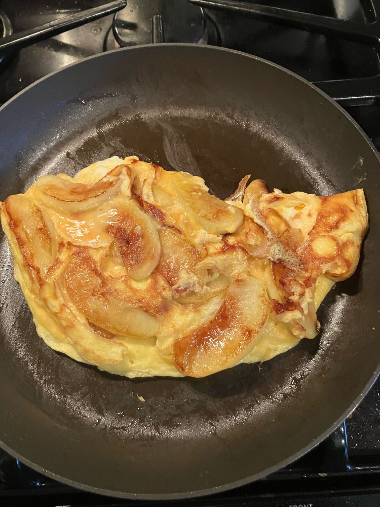 Amateur version of Jamie Schler’s Apple Omelette—see her substack for every pro step