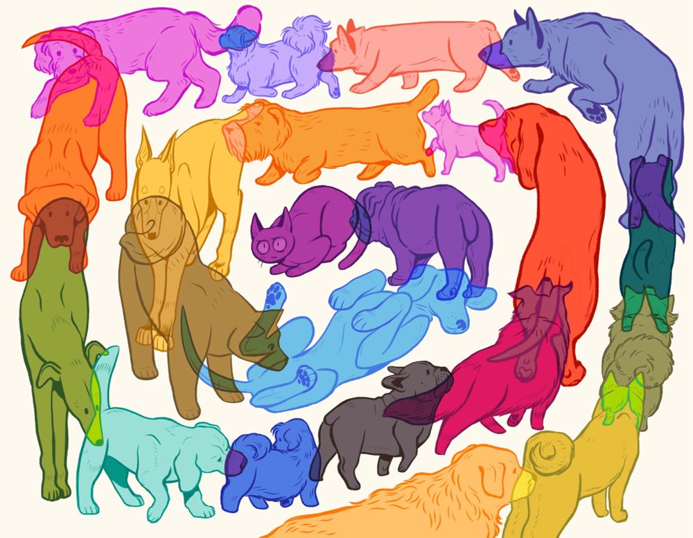 A spiral of overlapping colorful dogs sniffing each others butts. A new color is created at each intersection of the dogs. At the center of the spiral is an affronted cat.