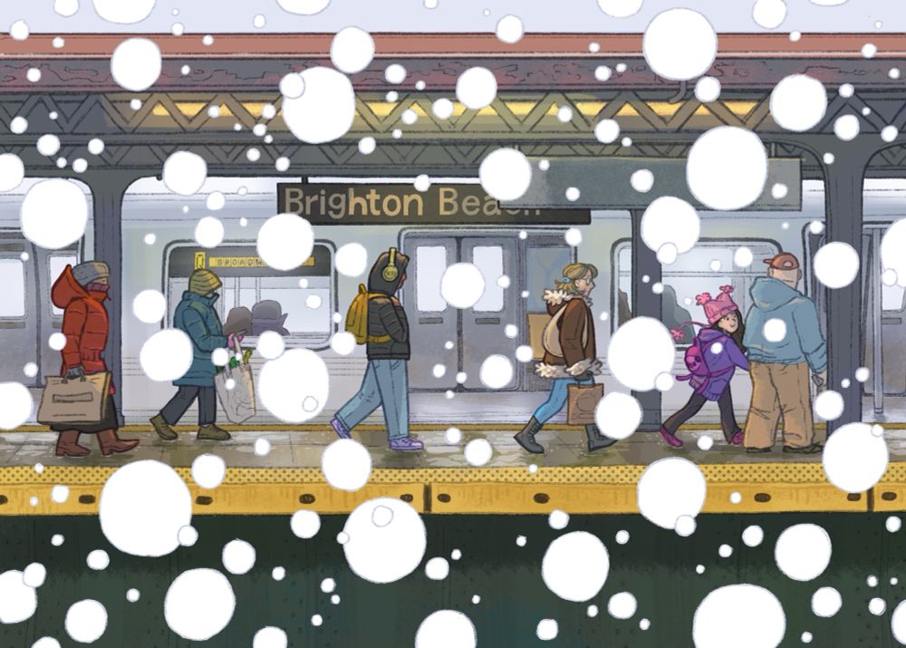 Digital color illustration of an elevated subway platform in Brighton Beach, Brooklyn. It’s snowing enormous round flakes and between them, you can see people on the opposite platform bundled up and walking off their Q train. It’s all very gray and flat.