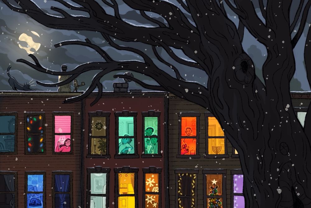 A digital illustration of a row of apartment buildings in Brooklyn. Each window is lit up in a different color light, some decorated for Christmas, Hanukkah, and the winter solstice. Outside, it’s nighttime and starting to snow. A black cat stretches on the roof, illuminated by the full moon.