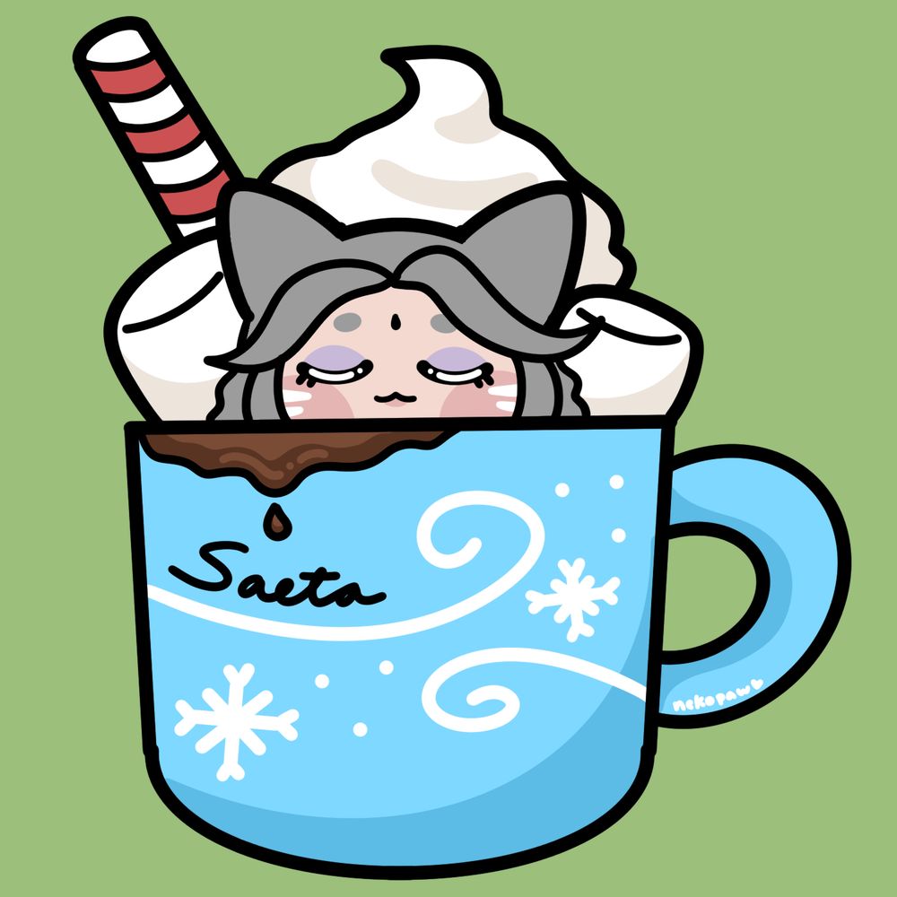 A silver haired cat girl with her eyes closed in a peaceful expression, peeking out of a hot cocoa mug.