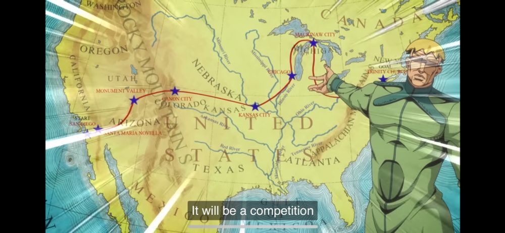 A character showing off the map of the titular race from Jojo’s Bizarre Adventure: Steel Ball Run; the race passes through Kansas City