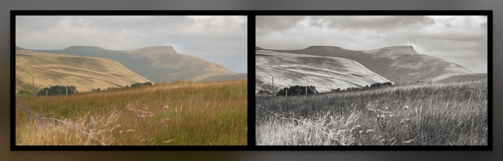 This image shows two versions of the same photograph. 

On the left is the straight-out-of-camera colour JPEG. It has a soft and dreamy feel to it.

On the right is my black-and-white edit of the RAW image. It has a harsher, more stark feel to it.

The image is taken from the blocked road that leads up to the now-abandoned Lower Neuadd Reservoir. A wire fence that runs along the road can just be made out in the bottom right corner.

In the distance rises Pen-y-fan, the tallest mountain in the Brecon Beacons. The photo is taken facing north, and captures the much rarer-seen southern and eastern slopes. From the peak, a well-travelled path picks its way down the eastern slope until it disappears stage right.