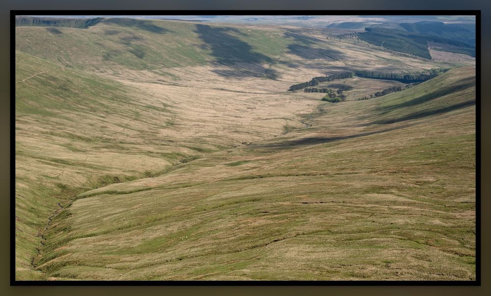 This is a photo taken from Pen-y-fan (highest mountain in the Brecon Beacons), looking south towards the drained (and totally not abandoned, honest!) Upper Neuadd Reservoir.

In the foreground, a stream has cut a channel that runs through the middle of the frame and into the distance towards the upper right quadrant of the image.

There, two rows of trees seemingly form two sides of a square. In front of the trees, cloaked in shadow, is the retaining wall of Upper Neuadd Reservoir. This reservoir was drained by the local water company some years ago now.