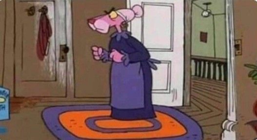 Still frame of a pink panther animation showing an upset pink panther.