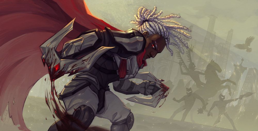 A digital piece of human Transformers One Megatron as a knight. He's spinning around towards the viewer with bloody weapons and a red cape trailing behind him. He has silver/black armor on and his hair is tied back. In the background there are Soundwave and Shockwave fighting side by side, with Starscream behind them on a horse. 