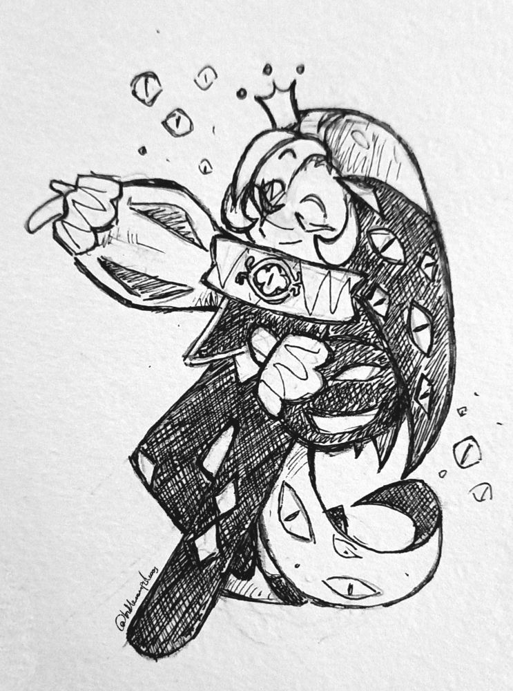 Sketch of Shadow Milk Cookie in a crown with his eyes closed 