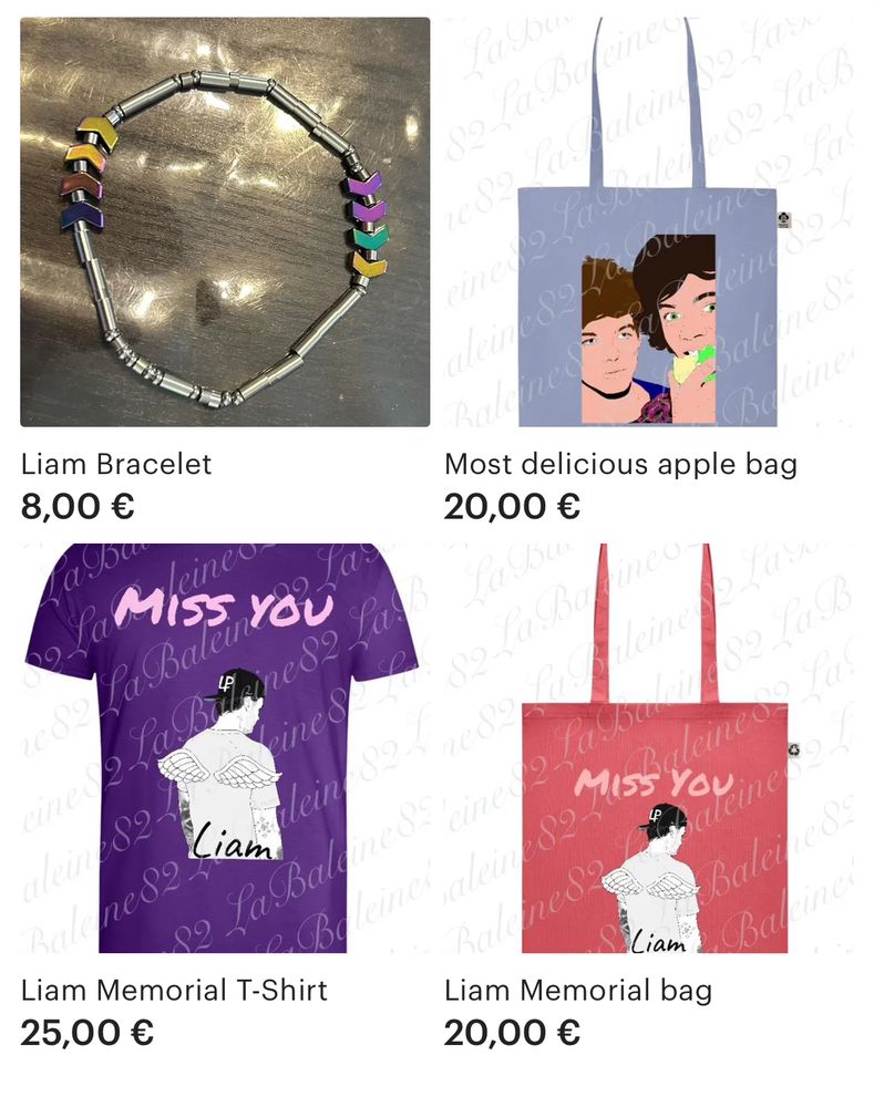 Liam Payne Morse code bracelet, most delicious apple bag light blue, Liam Angel purple T-shirt, Liam angel red bag from the store