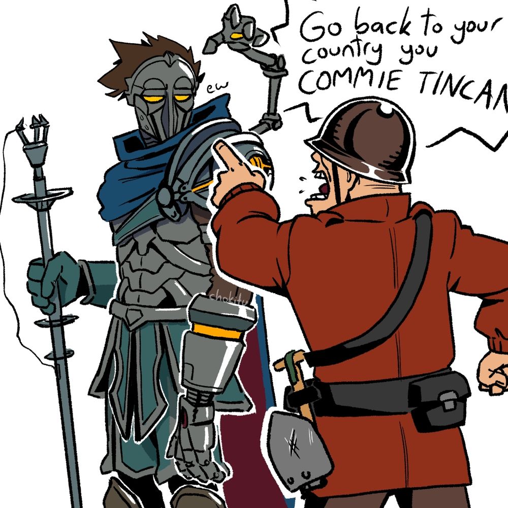Soldier tf2 angrily pointing at Viktor league of legends, shouting "Go back to your country you commie tincan!!". Viktor looks at him with disgust.