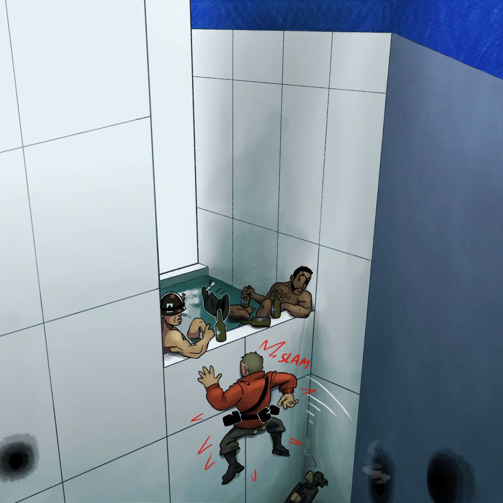 Jump academy, easy walls course, a soldier and demo using the elevated pool of water as a hot tub meanwhile a newbie ghastly gibus soldier is failing to beat the level (he's slammed to the wall for the 100th time)