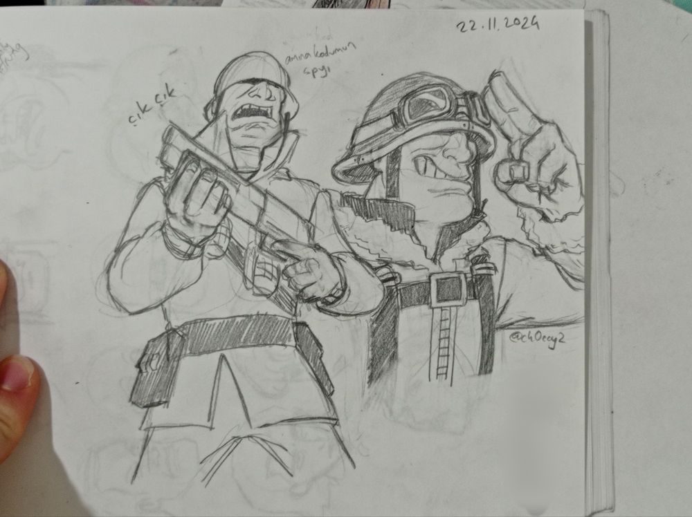 2 soldiers. Left one has a shotgun ready on hand and says "amına kodumun spyı" which means "that fuckin spy" in Turkish. Right one is doing a 2 finger salute while smiling happily. He's wearing the war pig and cold snap coat cosmetics. They're separate doodles.