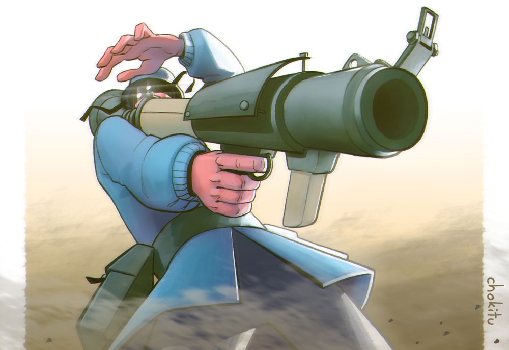 Blu soldier posing with his rocket launcher in a really cool way