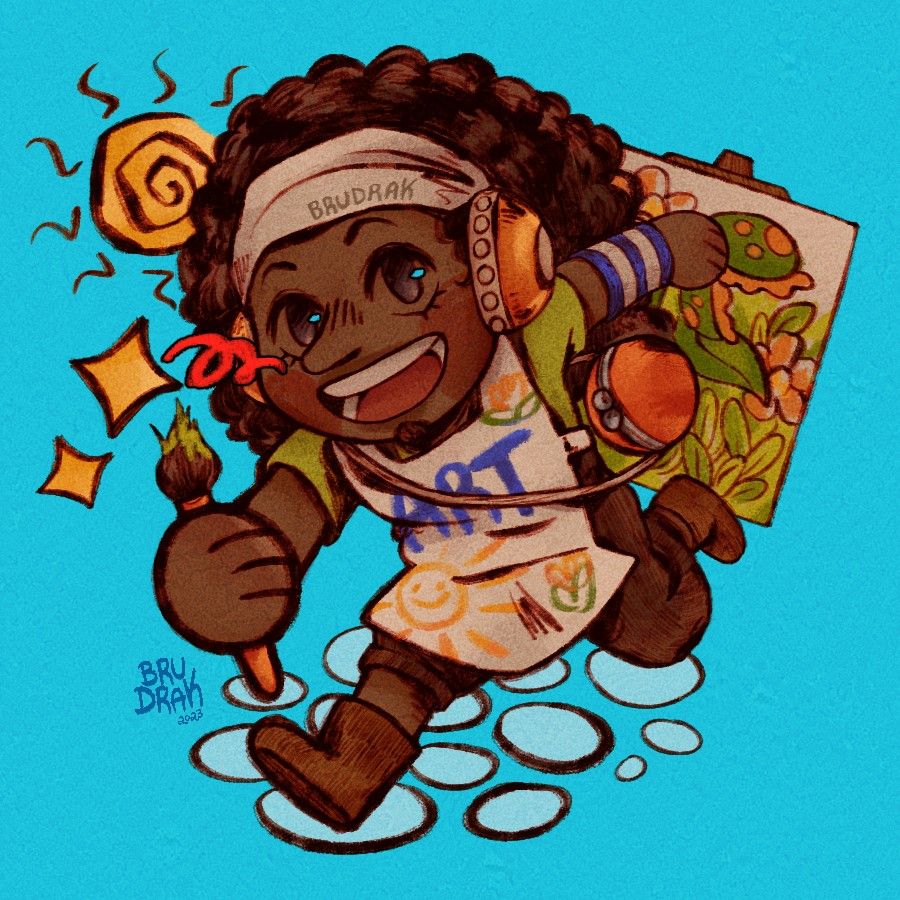 Chibi Usopp with an art brush, an art apron and a canvas drawing of an carnivorous plant. The character is running smiling with sparkles around him, there's a sun above him and the background is light blue.