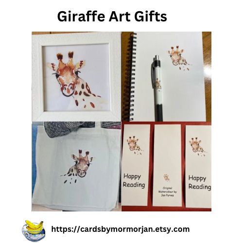 Giraffe motive gifts including tote bags, notebooks, framed prints and bookmarks  