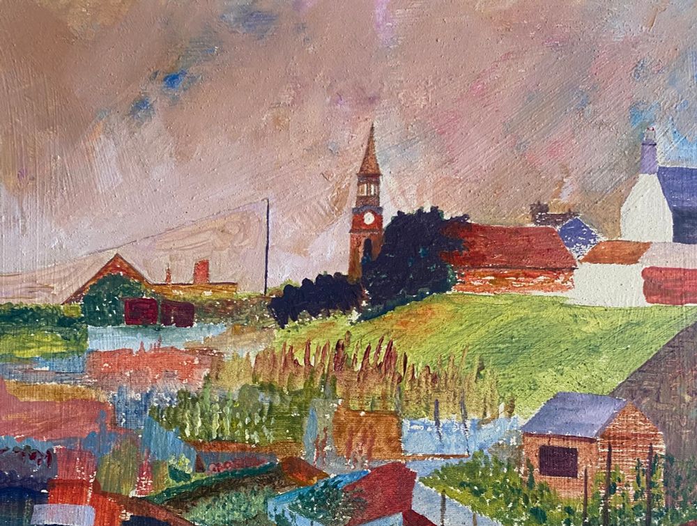 An original Acrylic painting with a swirling pink and blue sky. A church steeple and buildings in the background with Allotments in the fore ground with occasional gardeners huts 