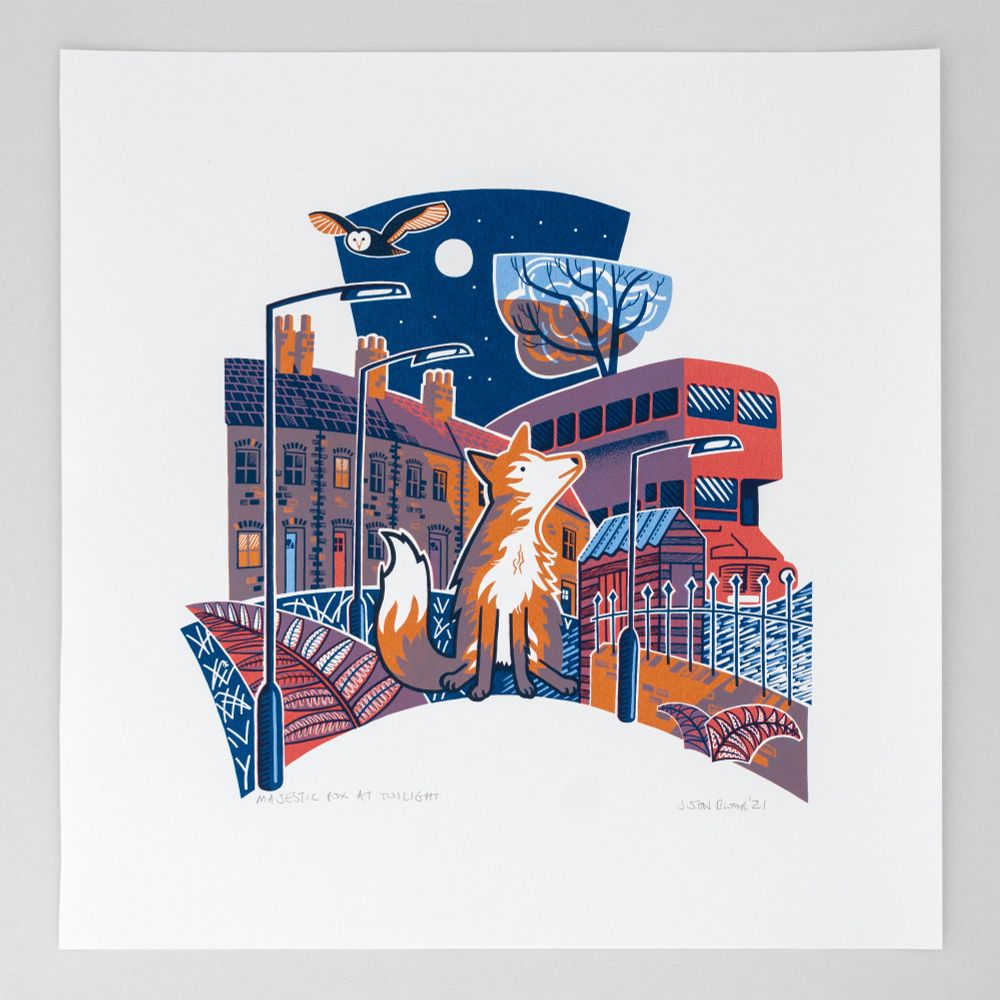 A screenprint called Majestic Fox at Twilight showing a fox looking up at the sky surrounded by a bus, railing, houses, shed, ferns and an owl flies overhead.