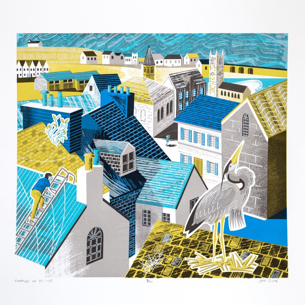 A screenprint of St Ives looking over the rootfops towards the harbour.