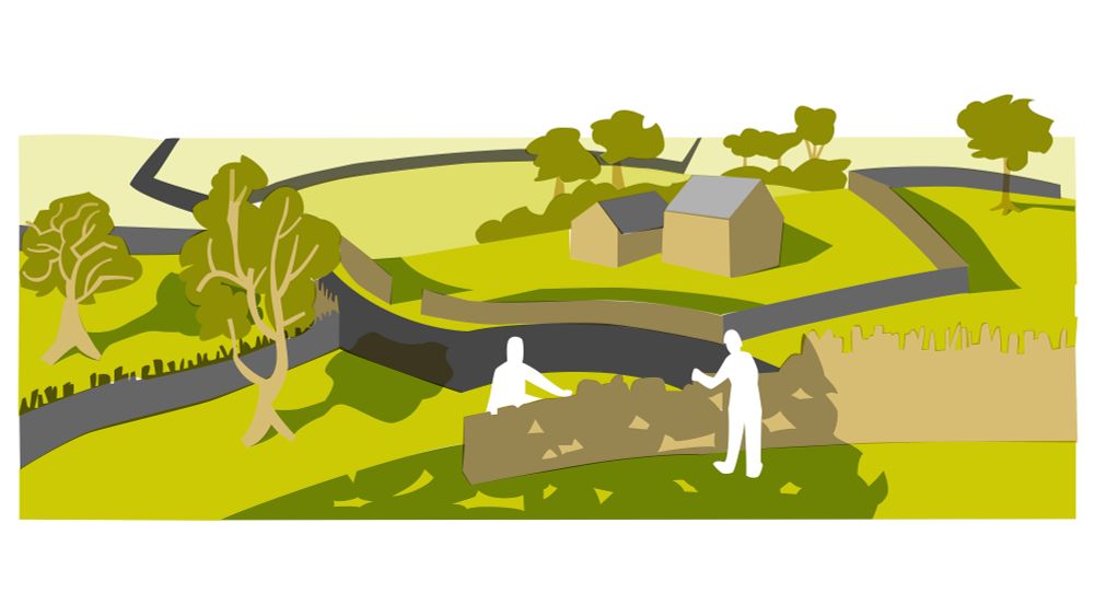 A colour rough illustration of dry stone wallers working in the countryside.