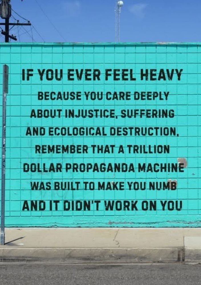 An image of text on a tile wall that says:

If you ever feel heavy because you care deeply about injustice, suffering, and ecological destruction, remember that a trillion dollar propaganda machine was built to make you numb and it didn't work on you.