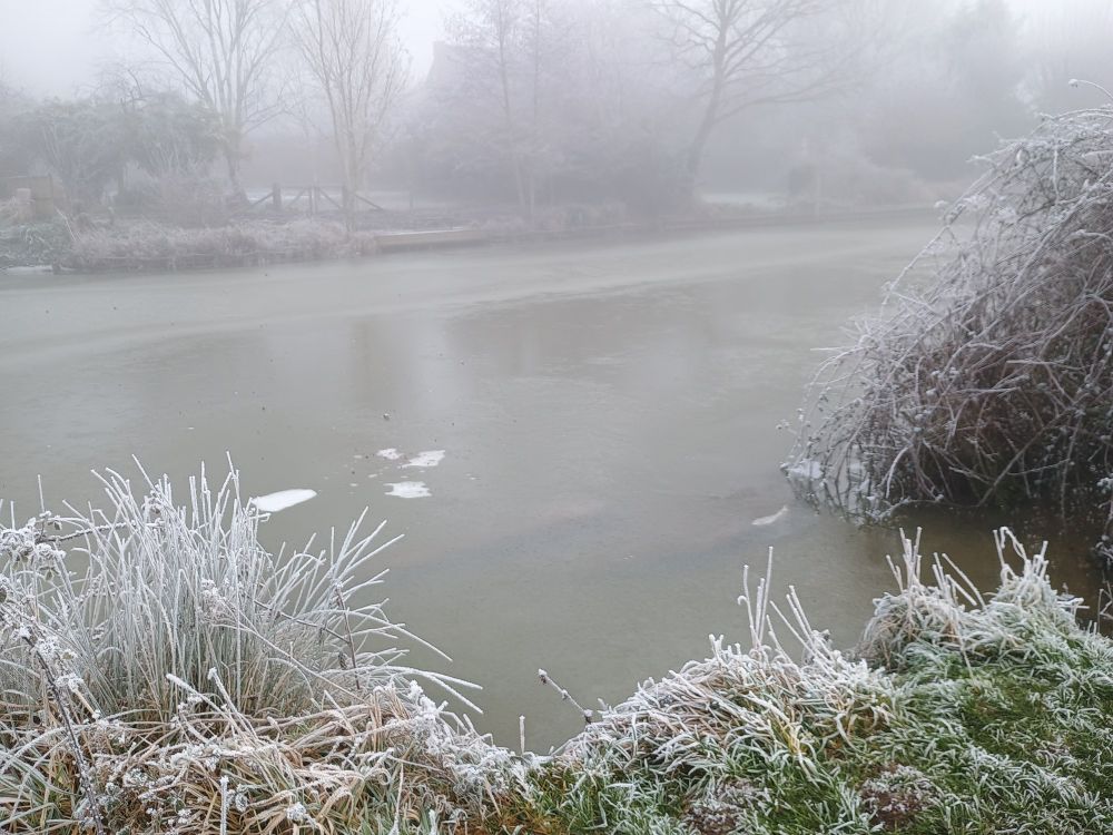 White frosted grassy bank by a semi-frozen section of the River Thames