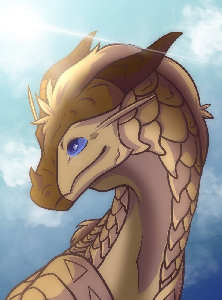 Digital portrait drawing of a brown dragon against a blue cloudy sky