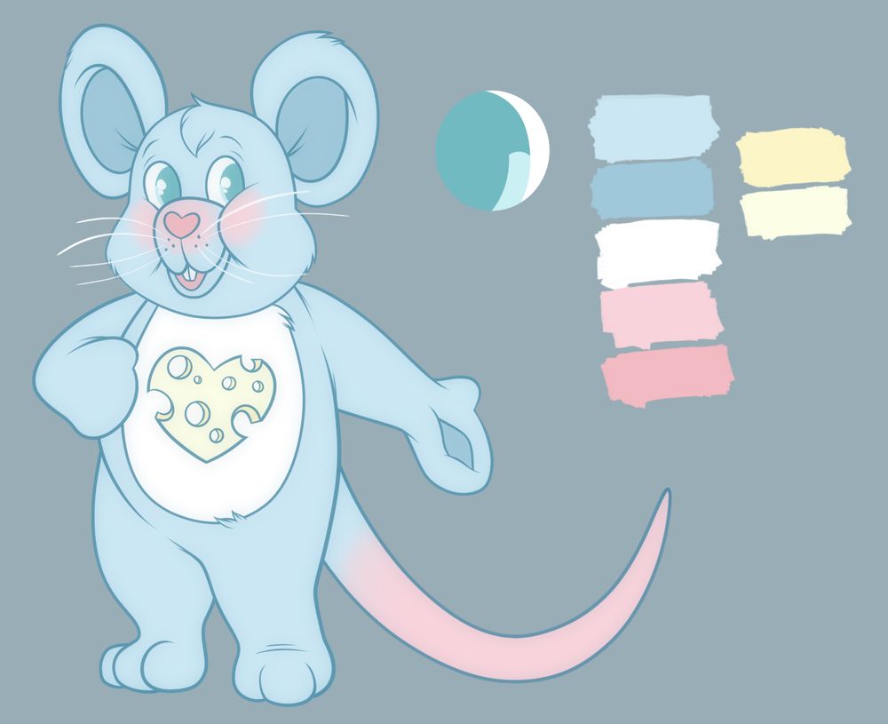 Digital reference of a light blue Care Bears style mouse. The symbol on their belly is a light yellow heart with holes in it, reminiscent of cheese