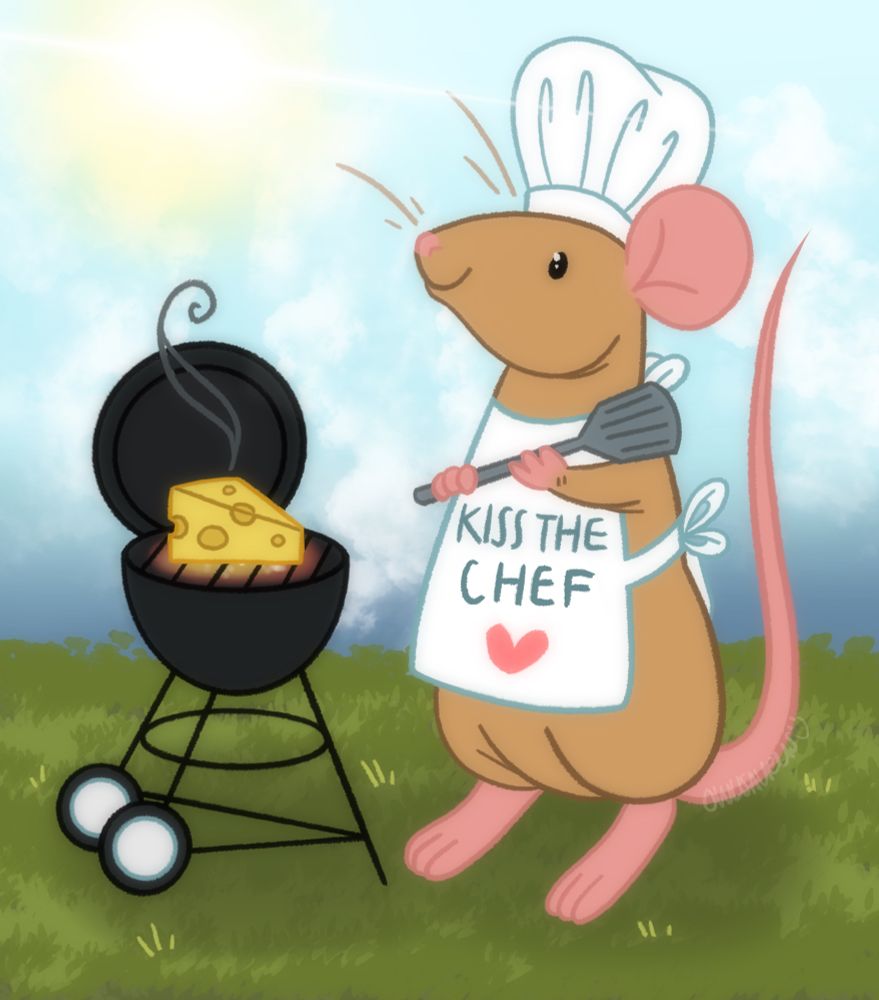 Digital drawing of a tan mouse grilling a wedge of cheese on a grassy lawn against a blue sky. The mouse holds a spatula and wears a chef hat and apron that reads “kiss the chef”