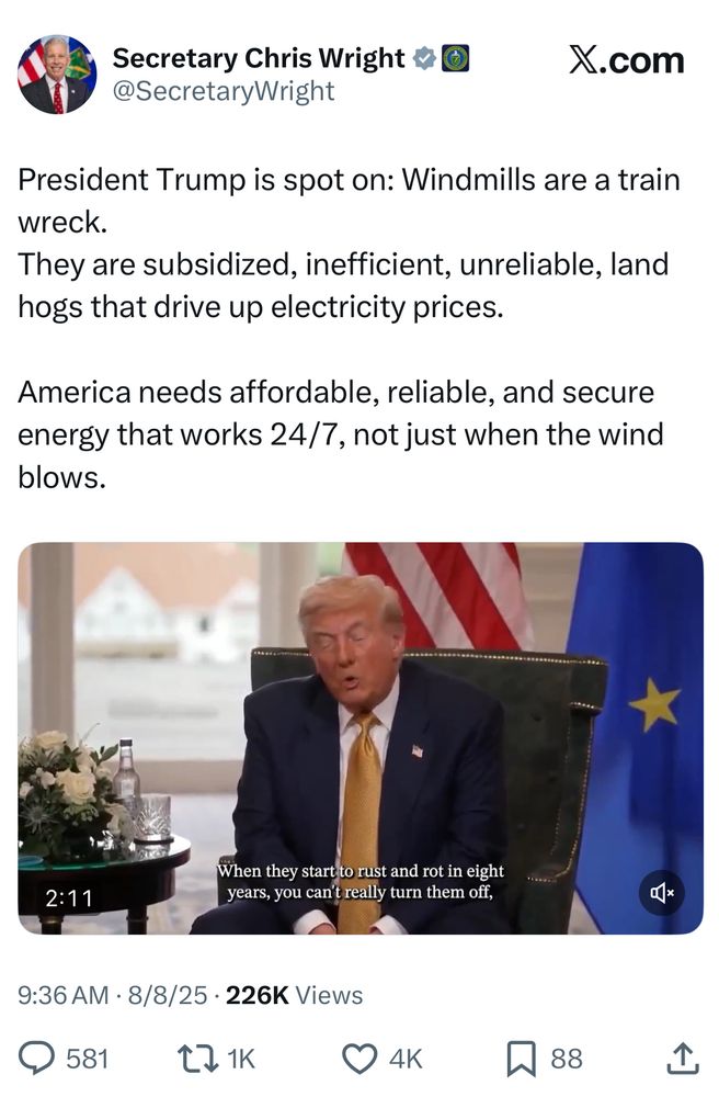 Tweet from energy secretary praising Trump for ranting against and lying about wind.