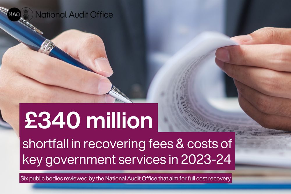 £340 million shortfall in recovering fees & costs of key government services in 2023-24

Six public bodies reviewed by the National Audit Office that aim for full cost recovery

IMAGE: Hands hold open a document while a pen hovers over the page