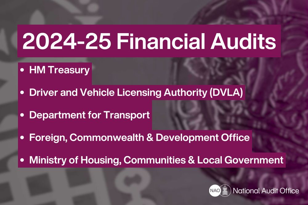 2024-25 Financial Audits

• HM Treasury
• Driver and Vehicle Licensing Authority (DVLA)
• Department for Transport
• Foreign, Commonwealth & Development Office
• Ministry of Housing, Communities & Local Government

National Audit Office
