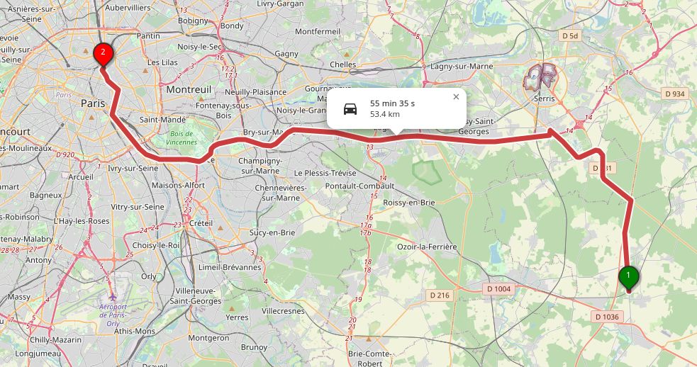 The route from Marles-en-Brie to Paris-Gare de l'Est by car according to Openrouteservice: 55min 35s / 53.4km