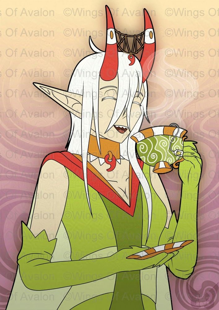 A feminine person with long white hair, pointed elf-like ears and red demon horns wearing a green dress with gold and red jewelry. They are holding a tea platter in one hand and a tea cup in the other about to take a sip.