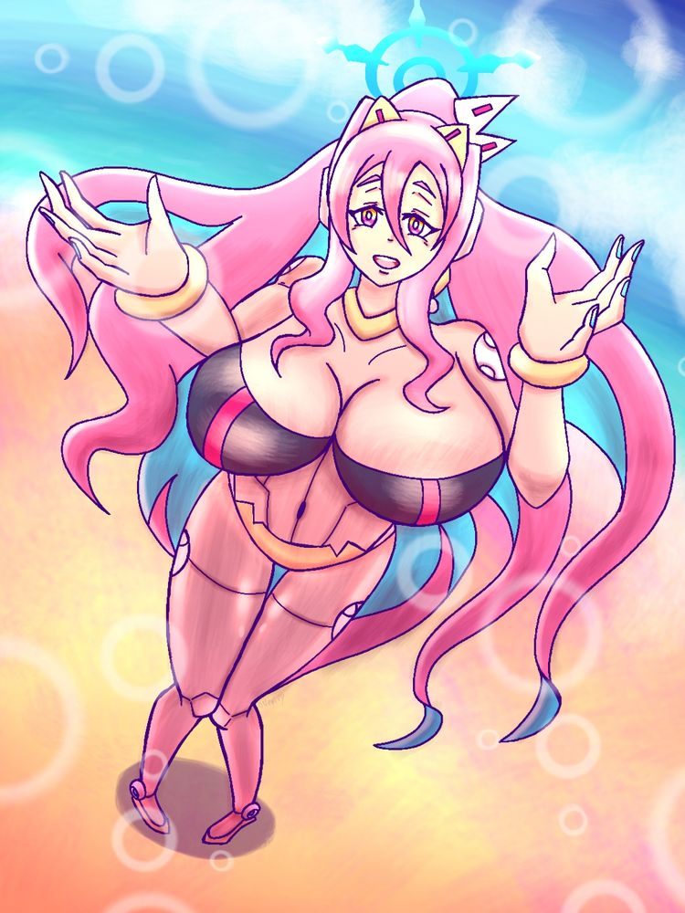 Eratoeir with huge beach balls and wearing a bikini looking up to hug you in the heating beach on summer.