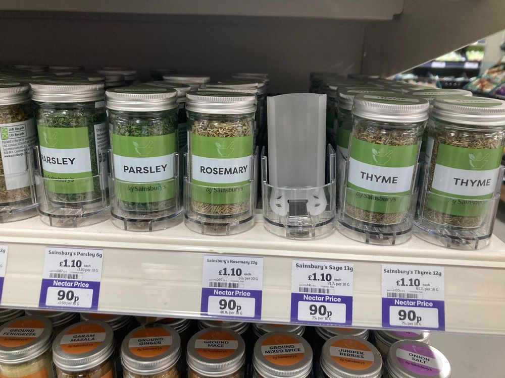 Herbs on the shelf at Sainsbury's - parsely, rosemary, sage and thyme