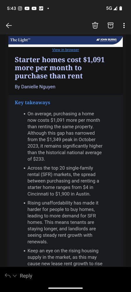 Screenshot of an email newsletter that reads:

Headline: Starter homes cost $1,091 more per month to purchase than rent

By Danielle Nguyen 

On average, purchasing a home now costs $1,091 more per month than renting the same property. Although this gap has narrowed from the $1,349 peak in October 2023, it remains significantly higher than the historical national average of $233.

Across the top 20 single-family rental (SFR) markets, the spread between purchasing and renting a starter home ranges from $4 in Cincinnati to $1,900 in Austin.

Rising unaffordability has made it harder for people to buy homes, leading to more demand for SFR homes. This means tenants are staying longer, and landlords are seeing steady rent growth with renewals.