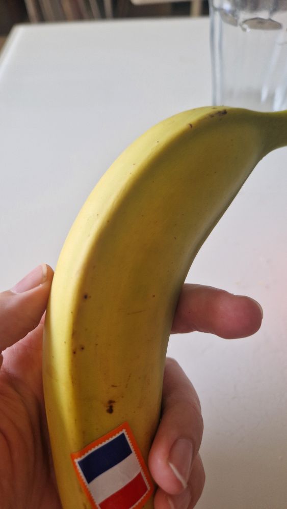Une banane dans ma main, avec une sorte de pli tout le long qui ressemble à une veine proéminente sous la peau
