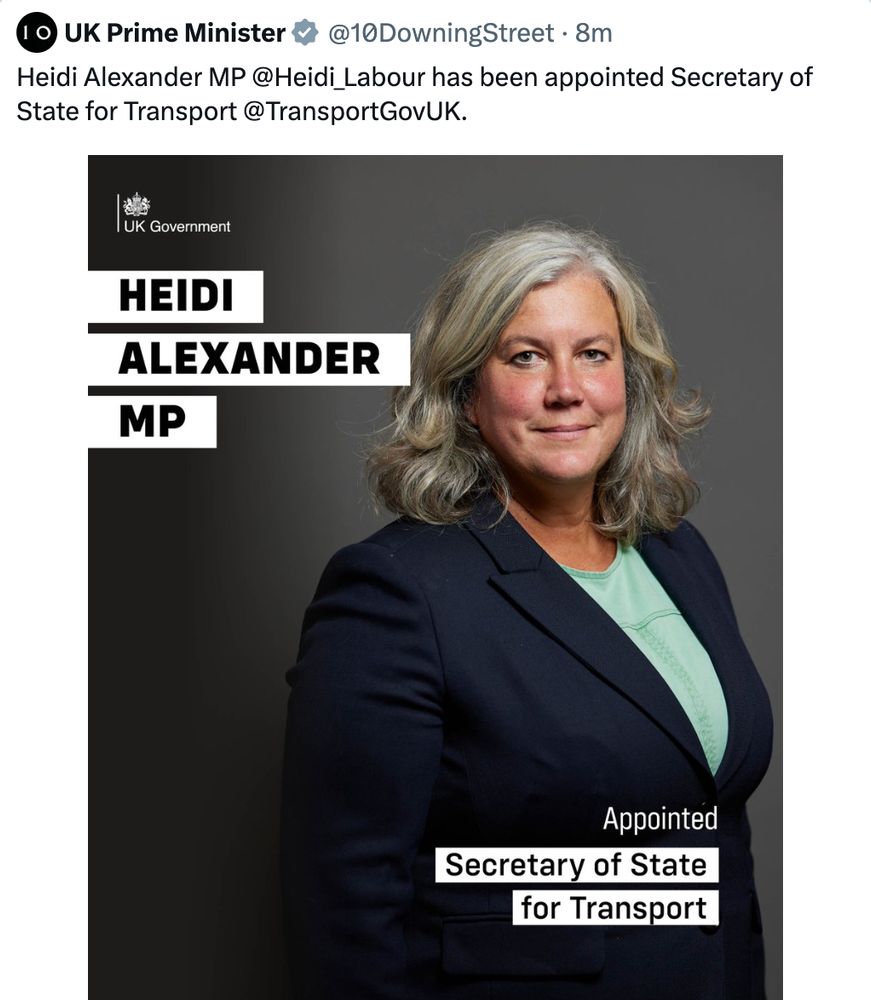 a screen shot of a tweet by UK Prime Minister that says Heidi Alexander MP has been appointed secretary of state for transport