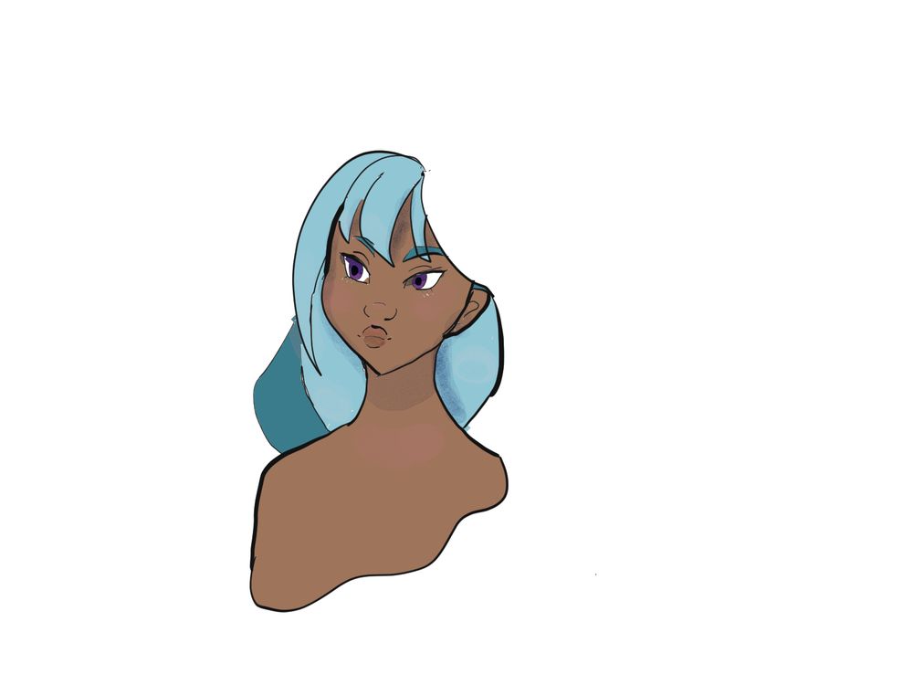 A dark skinned girl with blue hair and purple eyes