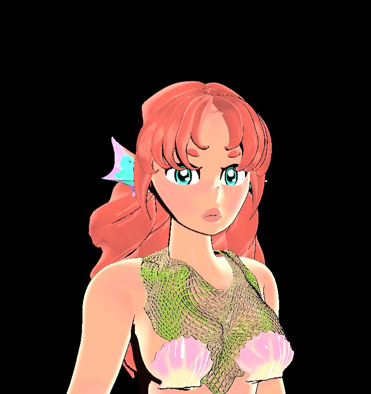 A mermaid Vtuber model with a net top with clamshells, and webbed ears and red hair