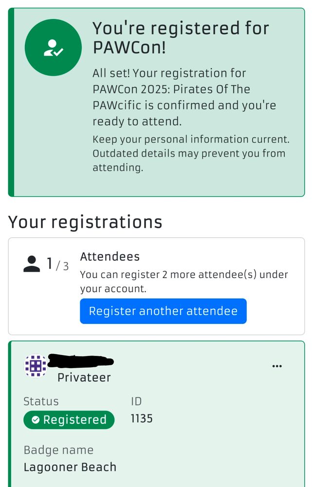 A registration page for PAWCon 2025. At the bottom of the page is a box showing my badge name, which was Lagooner Beach