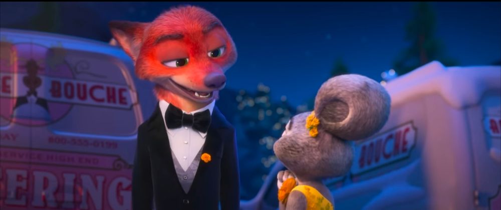 Nick and Judy from Zootopia in formal dinner wear standing in front of some catering vans